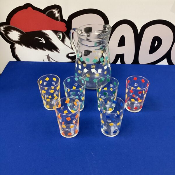 Vintage glass pitcher set with colourful geometric patterns, 1970s style.