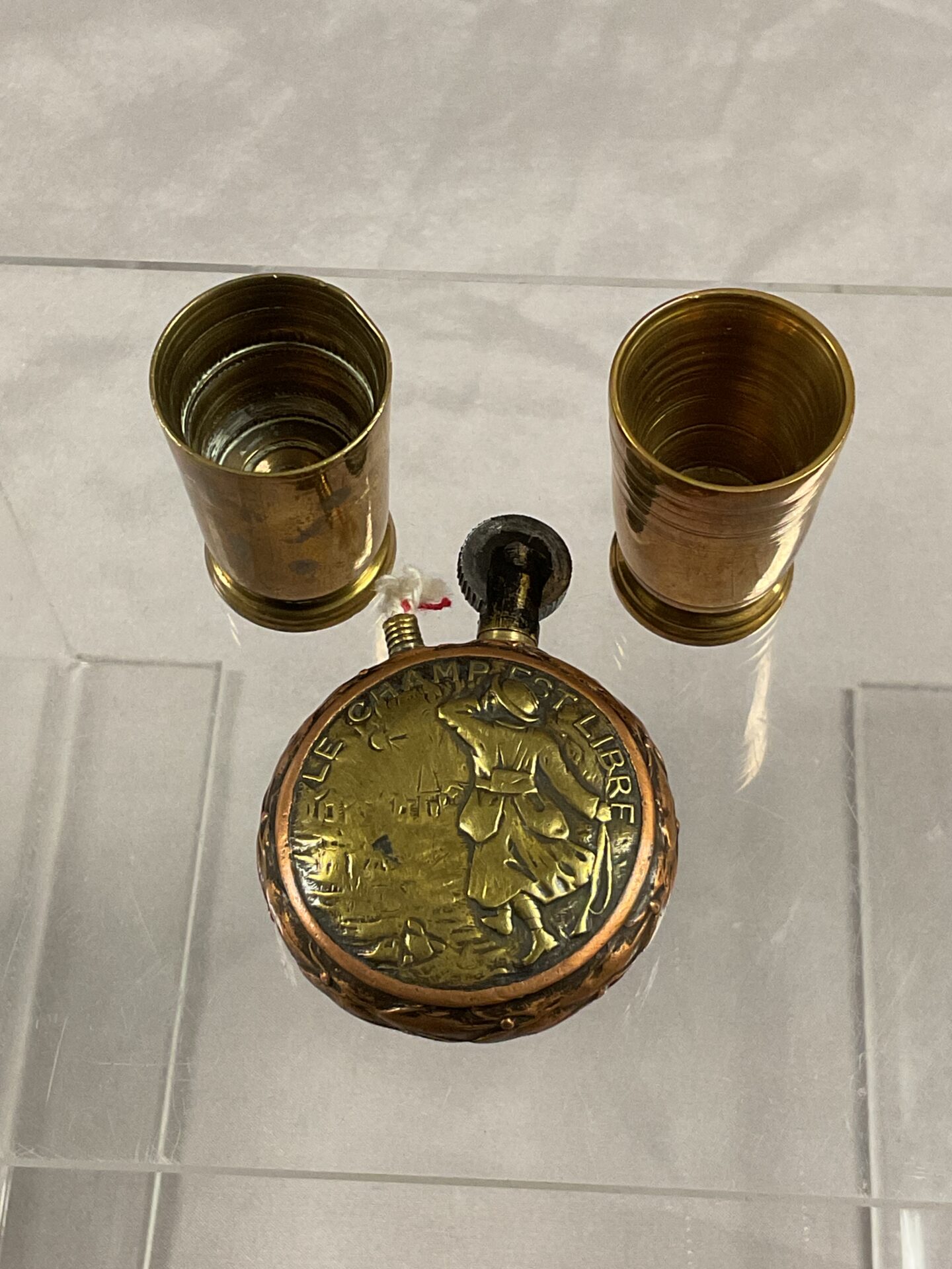 803 WW1 French copper and brass trench art lighter and two shot cup