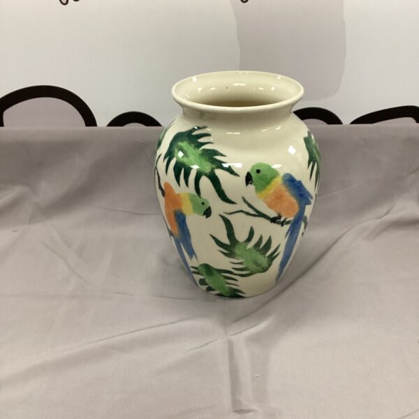 Vibrant handpainted parrot vase by Jane & Stephen Baughan.