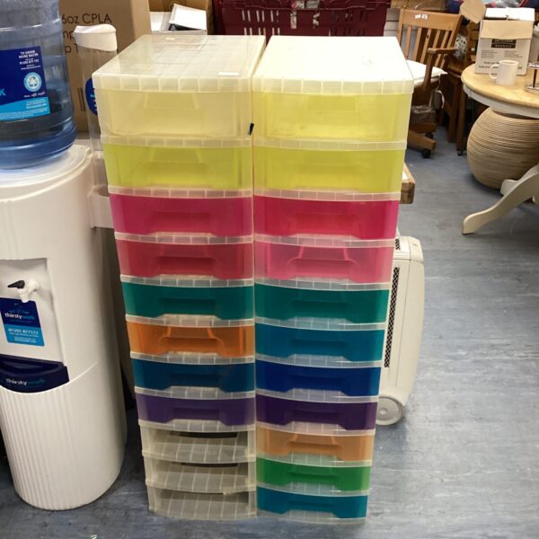 Coloured multi-drawered plastic storage units for home organisation.