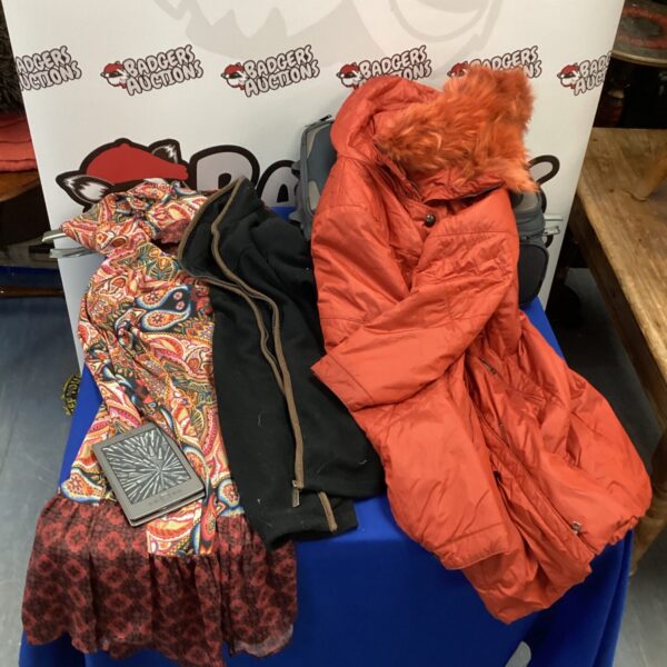 Ladies clothing bundle with fleece coat, dress, and suitcase.