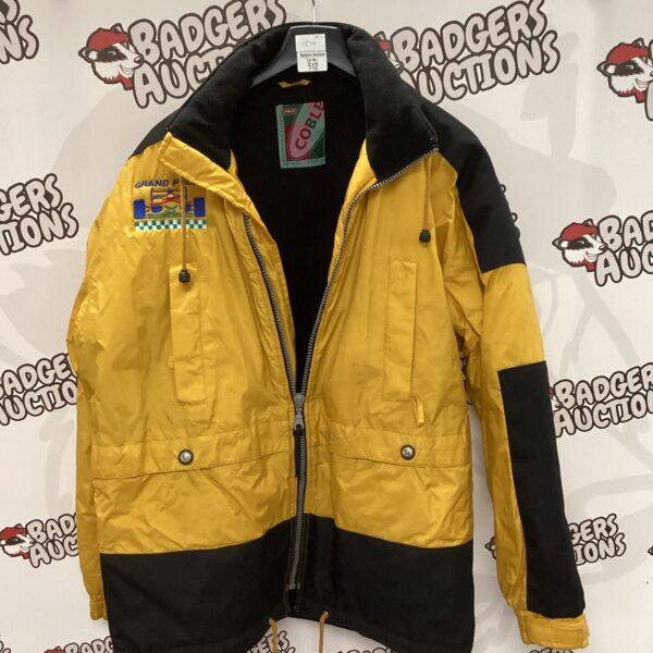 Front view of a vintage Cobles Grand Prix motorsport jacket.