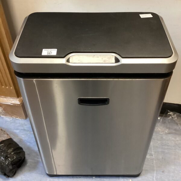 Stainless steel electric bin with sensor for touchless operation.