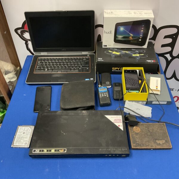 Mixed electrical lot including laptop, tablet and drone.