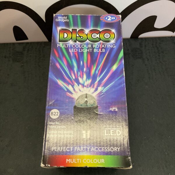 E27 disco ball light bulb in original packaging.