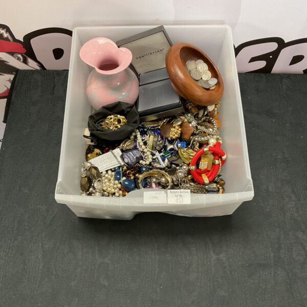 Mixed lot of vintage costume jewellery with coins and a vase.