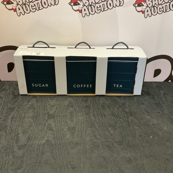 Vintage metal tea, coffee, and sugar storage tins set.