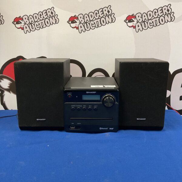 Compact Sharp mini hifi system with DAB radio and speakers.