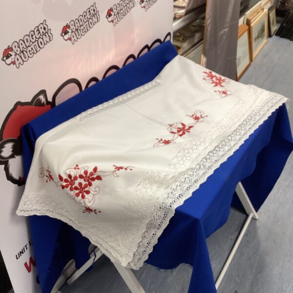 Large Irish linen tablecloth with floral embroidery, vintage textile.