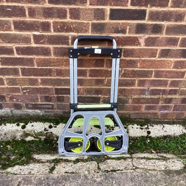 Blue folding trolley for portable shopping and transport.
