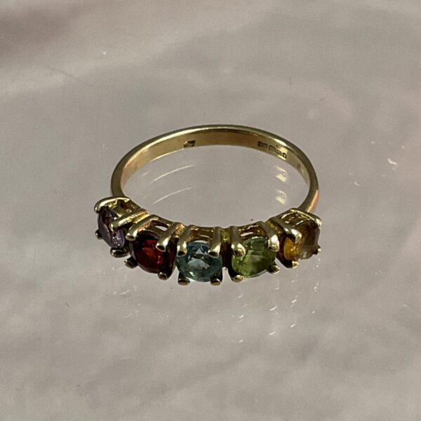 Vintage 9ct gold ring with five coloured stones.