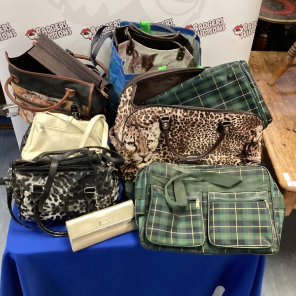 Mixed lot of assorted handbags and shopping bags with various patterns.