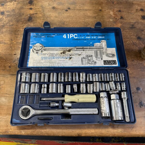 Vintage Talco 41-piece ratchet and socket set in a fitted case.