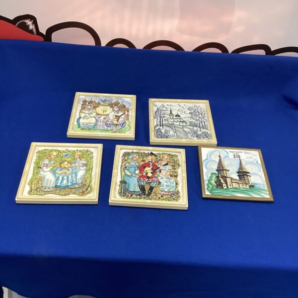 Lot of five framed hand painted tiles for wall decor.