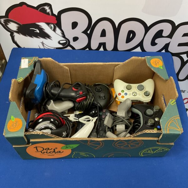 Assorted gaming controllers including Xbox and PlayStation models.