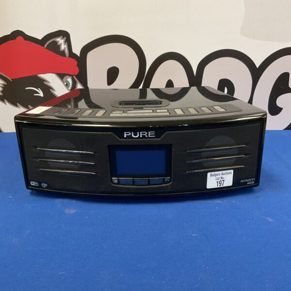 Pure iPod dock alarm clock with digital display and WiFi connectivity.