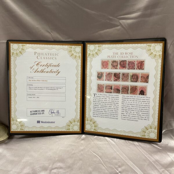 Vintage 3D Rose plate stamp collection with certificate in display folder.