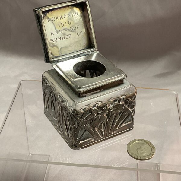 Antique Art Nouveau silver inkwell with inscription.