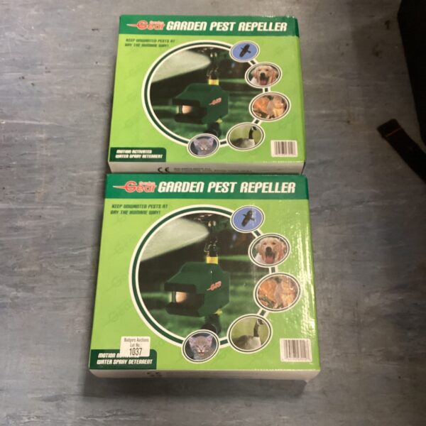 Garden Pest Repeller packaging, motion activated animal deterrent.