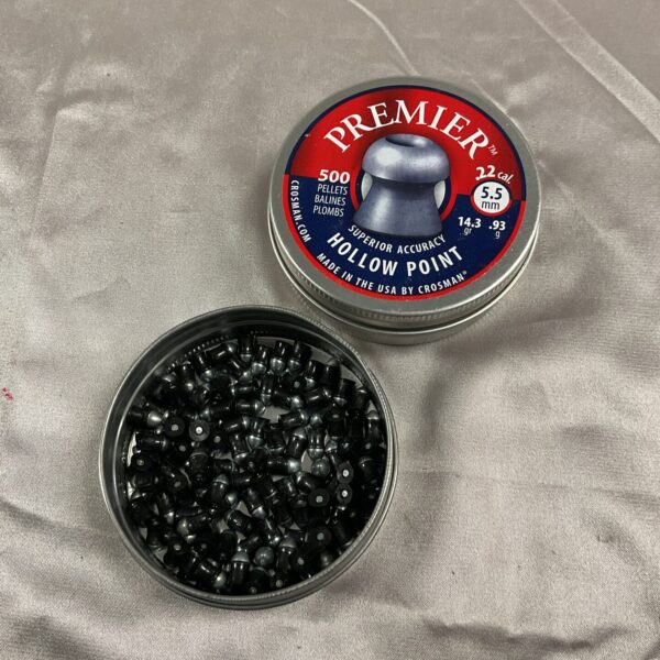 Close-up of a tin of .22 caliber airgun pellets.