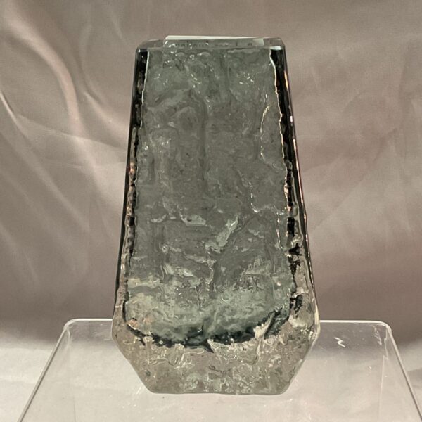 Vintage Whitefriars Coffin vase with textured bark pattern in amber glass.