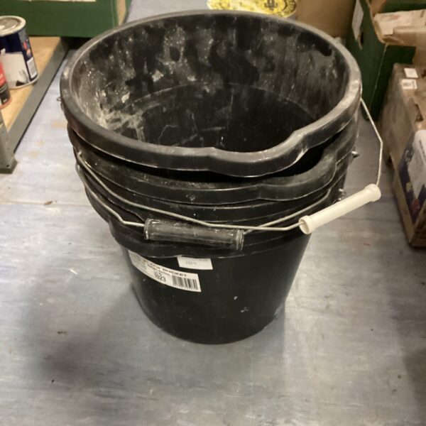 Black plastic builders buckets for construction and storage.