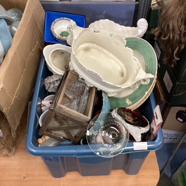 Mixed house clearance lot with ceramics, glassware, and flower pots.