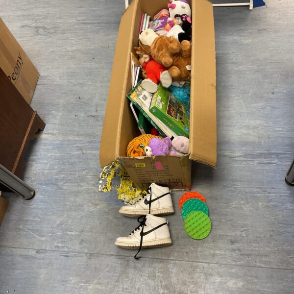 Mixed toy lot featuring Nike Dunk 2012 trainers and soft toys.
