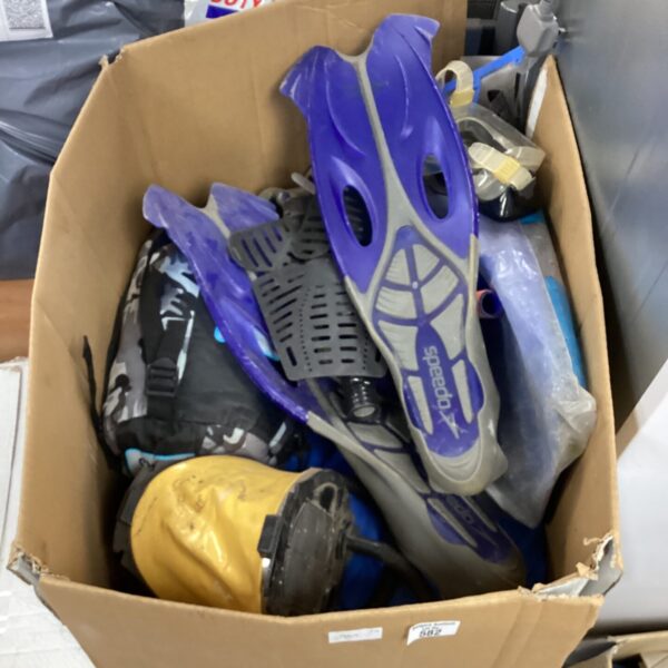 Pair of used swimming fins for water sports.