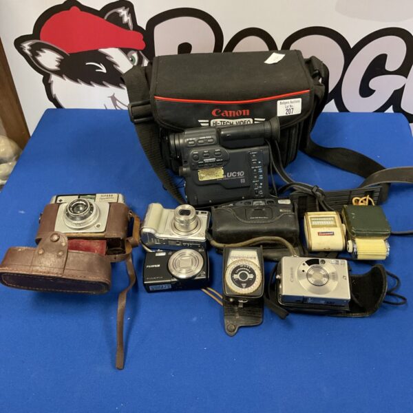 Vintage camera lot including Fujifilm, Canon, and Ilford cameras.
