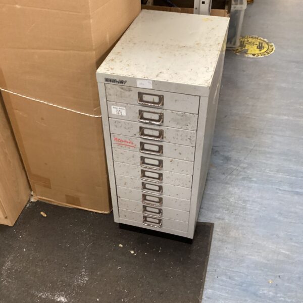 Front view of a vintage Bisley metal drawer unit.