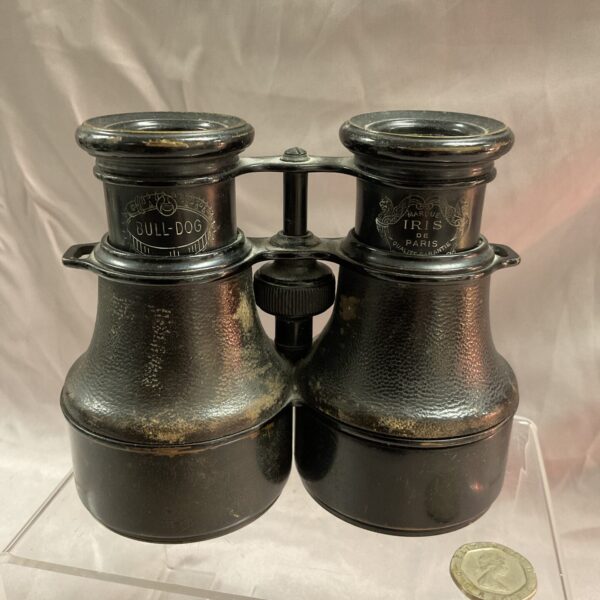 Antique Iris Bull-dog binoculars in dark finish, front view.
