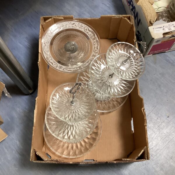 Vintage cake stands lot with tiered glass designs.