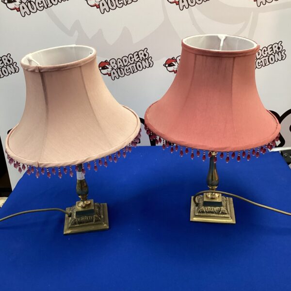 Pair of vintage brass table lamps with beaded shades.