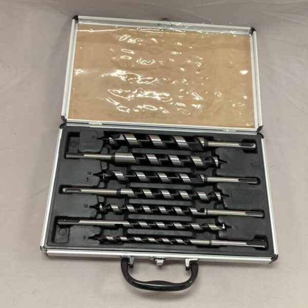 New wood drill bit set in carrying case for woodworking projects.
