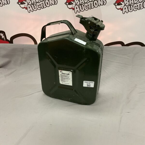 Metal 5L jerry can for fuel storage and transport.