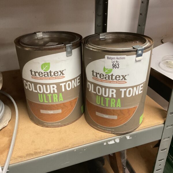 Two tins of Treatex Colour Tone Ultra teak wood stain.