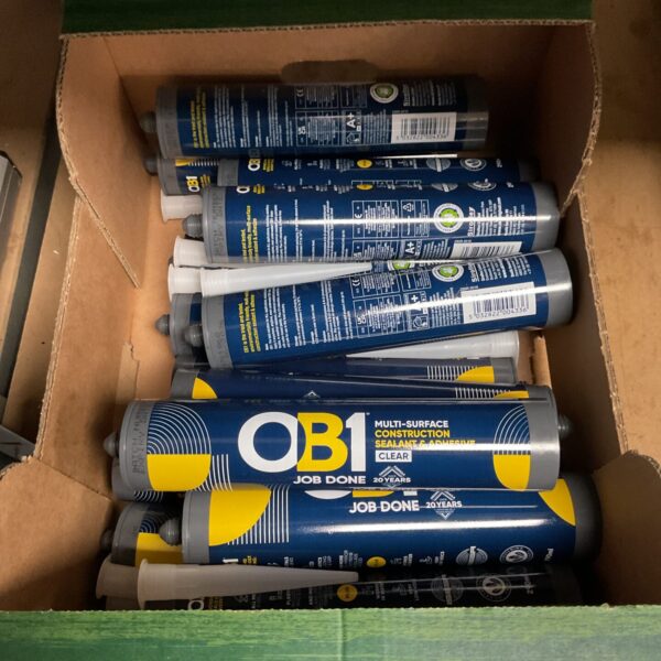 Close-up of OB1 sealant adhesive tubes in a job lot.