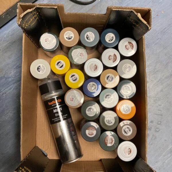 Tray of vintage Airfix model spray paints for collectors.