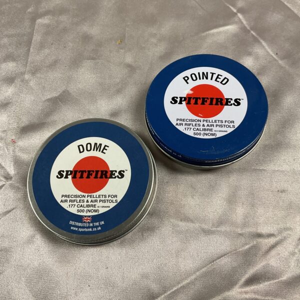Close-up of a tin of Spitfire .177 pointed airgun pellets.
