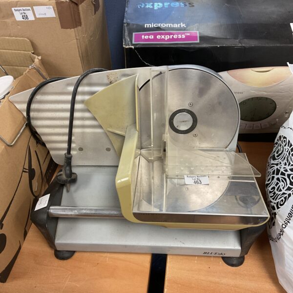 Front view of a vintage Bluesky meat slicer.