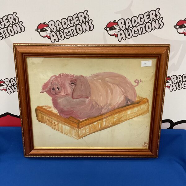Signed watercolour painting of a pink pig, charming animal art.