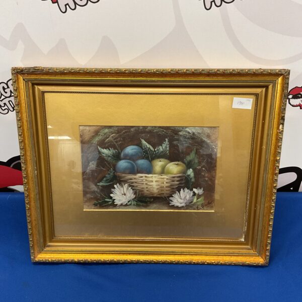 Vintage E Chester oil painting of fruit in a basket.