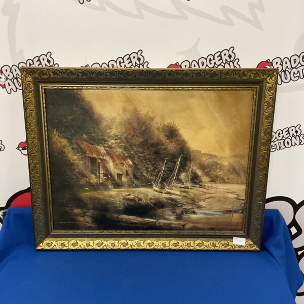 Vintage Ted Dyer print of docked boats in a gilt frame.