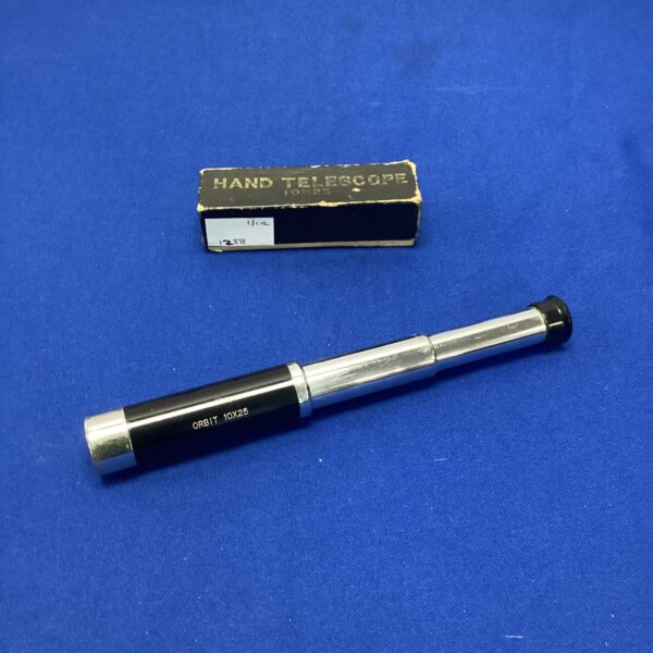 Vintage brass hand telescope, model 10x25, antique optical instrument.