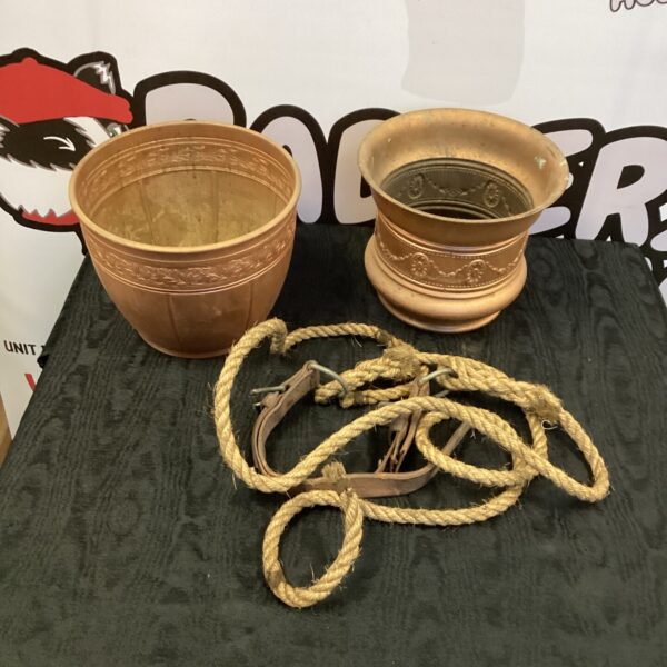 Vintage cooper plant pots and horse halter lot for garden and equestrian use.