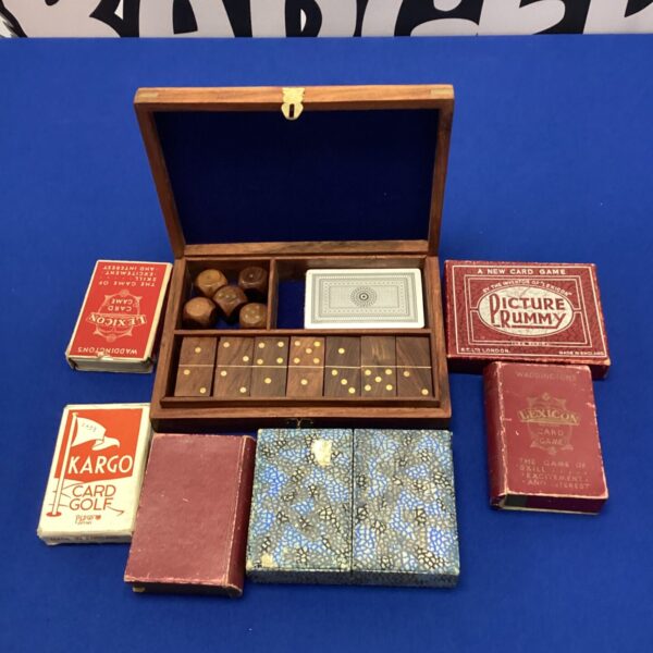 Vintage bridge set with brass inlay and antique playing cards.