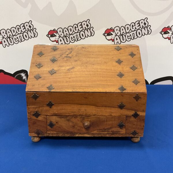 Antique Indian oak stationery box with metal detailing.