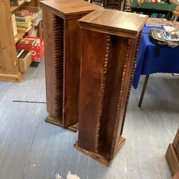 Pair of vintage mango wood revolving CD racks.