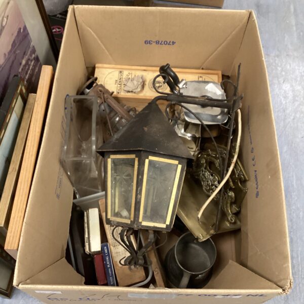 Vintage metal porch lantern in a mixed lot of collectibles.